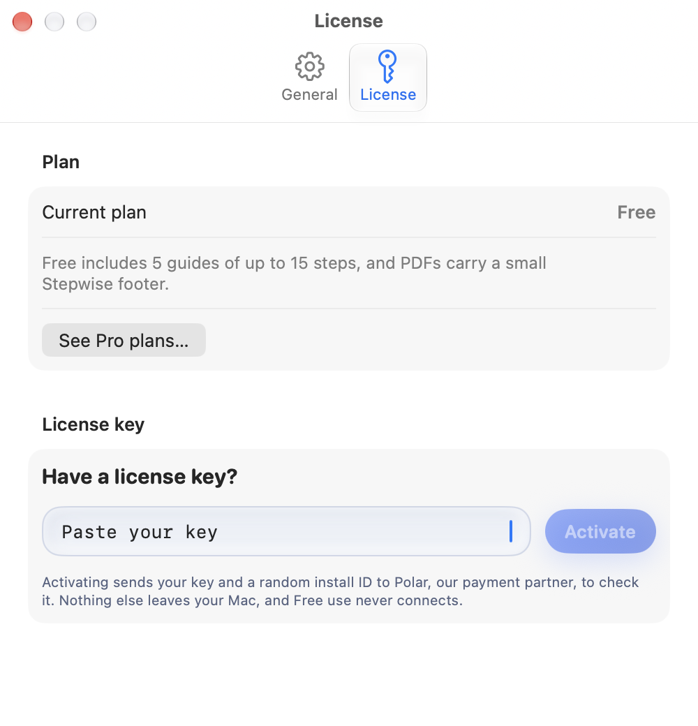 The License settings: the current plan, and a field for a license key with a note that activating sends only the key and a random install ID.