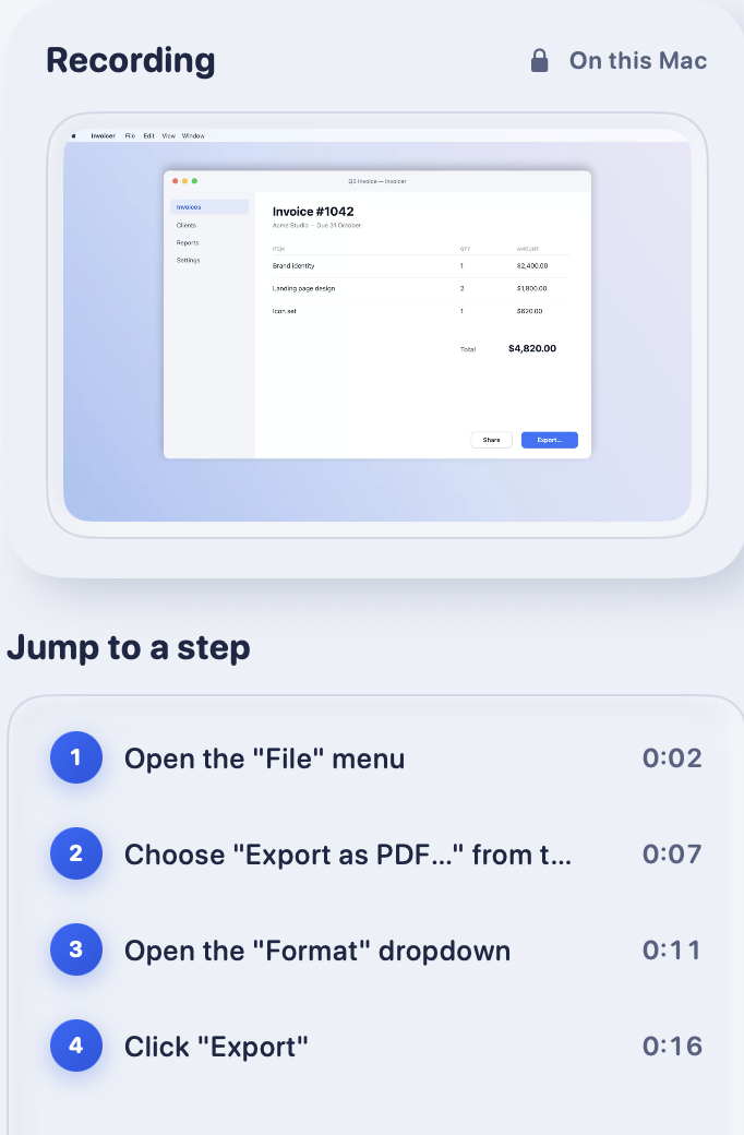 The side panel: the screen recording and a list of the four steps with their timestamps.
