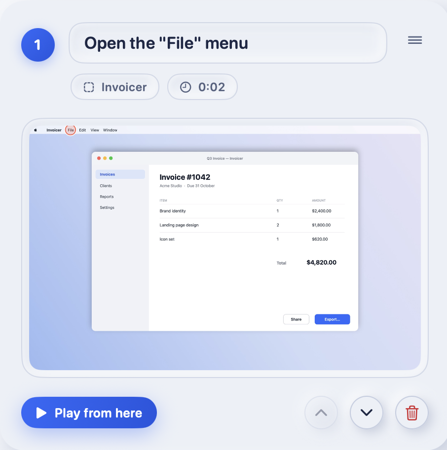 One step card: the caption “Open the File menu”, the app it happened in, a screenshot with a ring around the File menu, and buttons to play, reorder and delete.