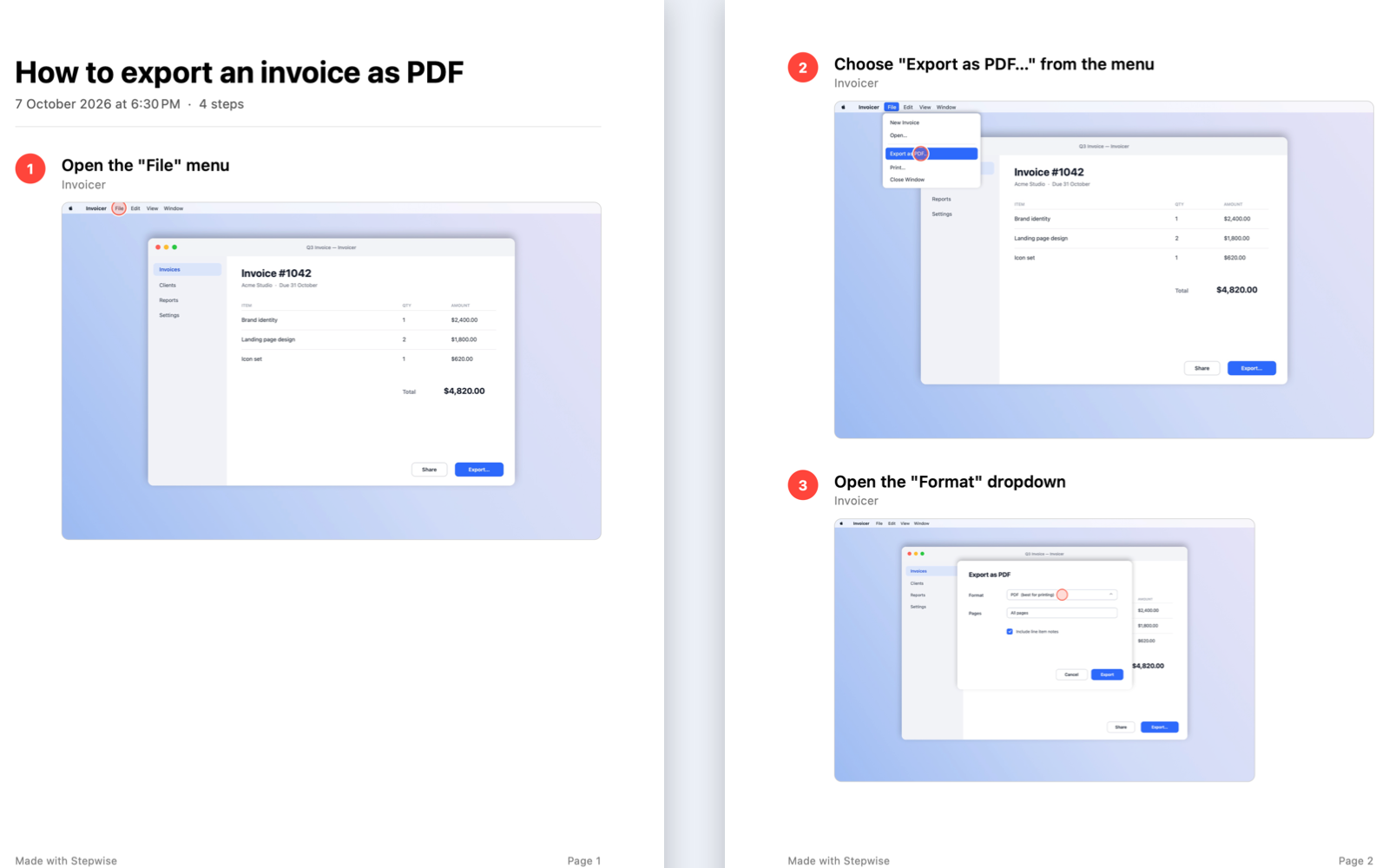Two pages of an exported PDF guide: a title, then numbered steps with a caption and a screenshot each.